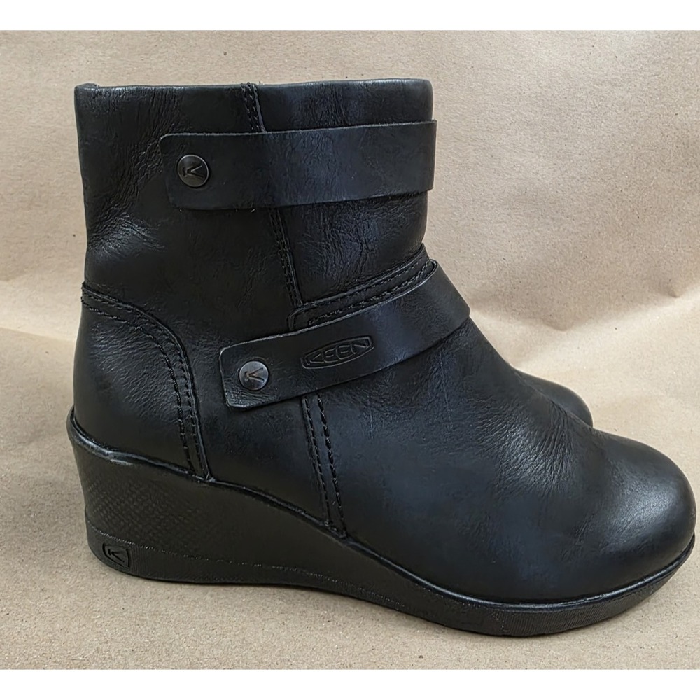 Keen Boots Womens Size 8 Black Kate Mid Ankle Wedge Leather Side Zip Casual